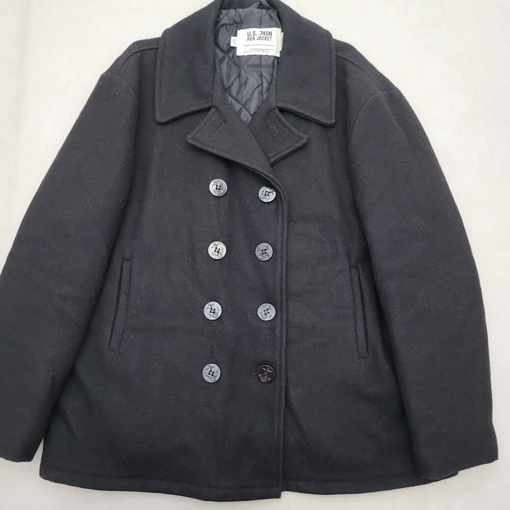 Schott NYC US 740N Naval Pea Coat Jacket Black Wool Made In USA Mens Size 52